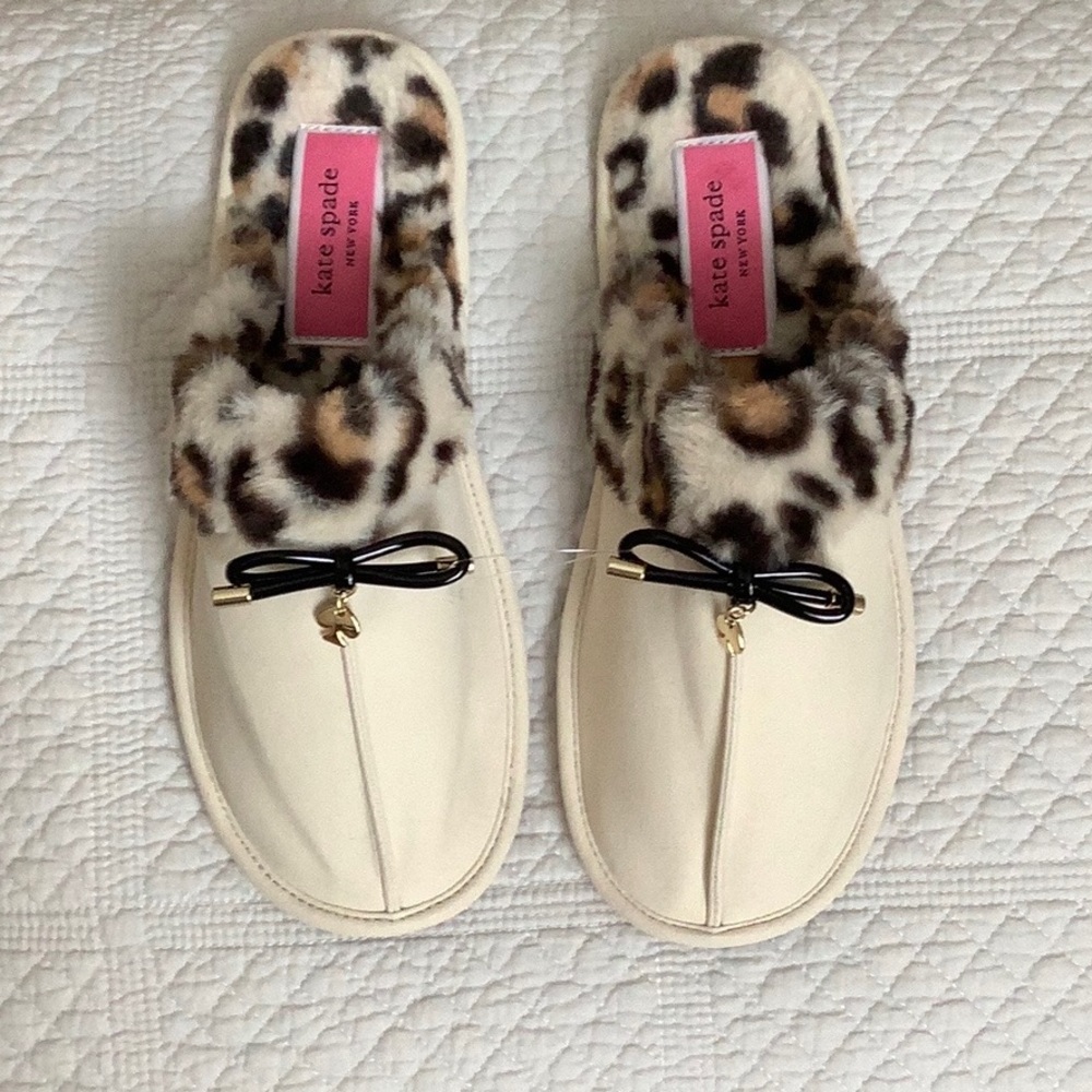 Kate Spade Slippers Size 6 Lacey Suede Bow Classic Cream Leopard Cozy Fur NWT - Picture 1 of 7